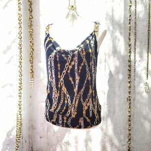 Vintage CACHE Drape Neck Sleeveless Top Link Chain Pattern Gold Metal Strap